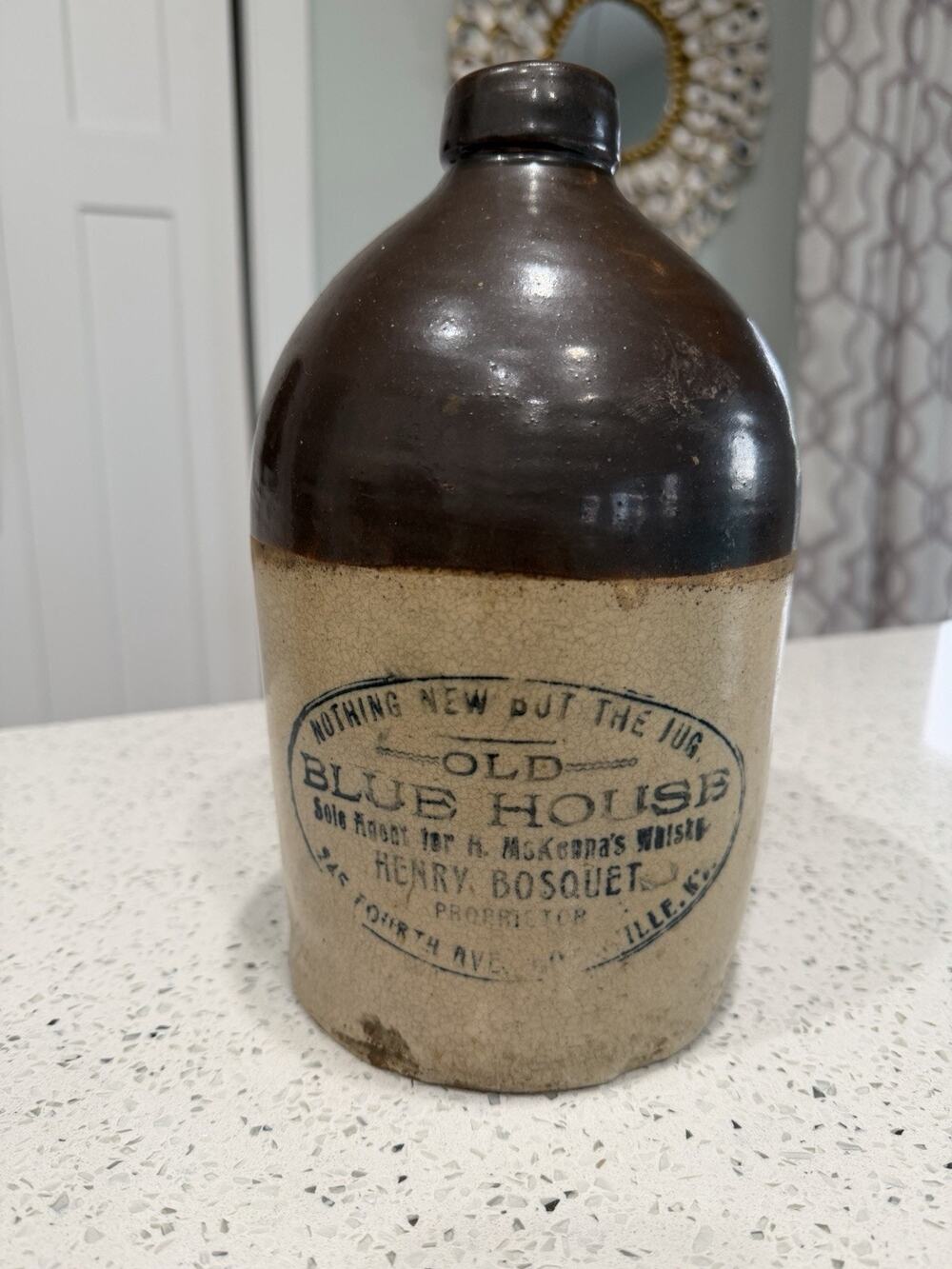 Henry Bosquets Old Blue House McKenna Whiskey Jug Stoneware Louisville KY